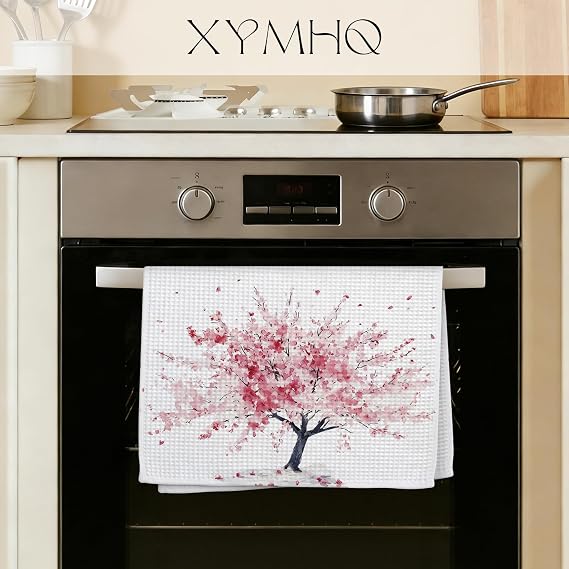 Spring Cherry Blossom Tree Decorative Hand Towels for Bathroom Kitchen, Cherry Blossom Bathroom Decor, Watercolor Pink Sakura Flower Kitchen Dish Tea Towels, 16x24 Inch