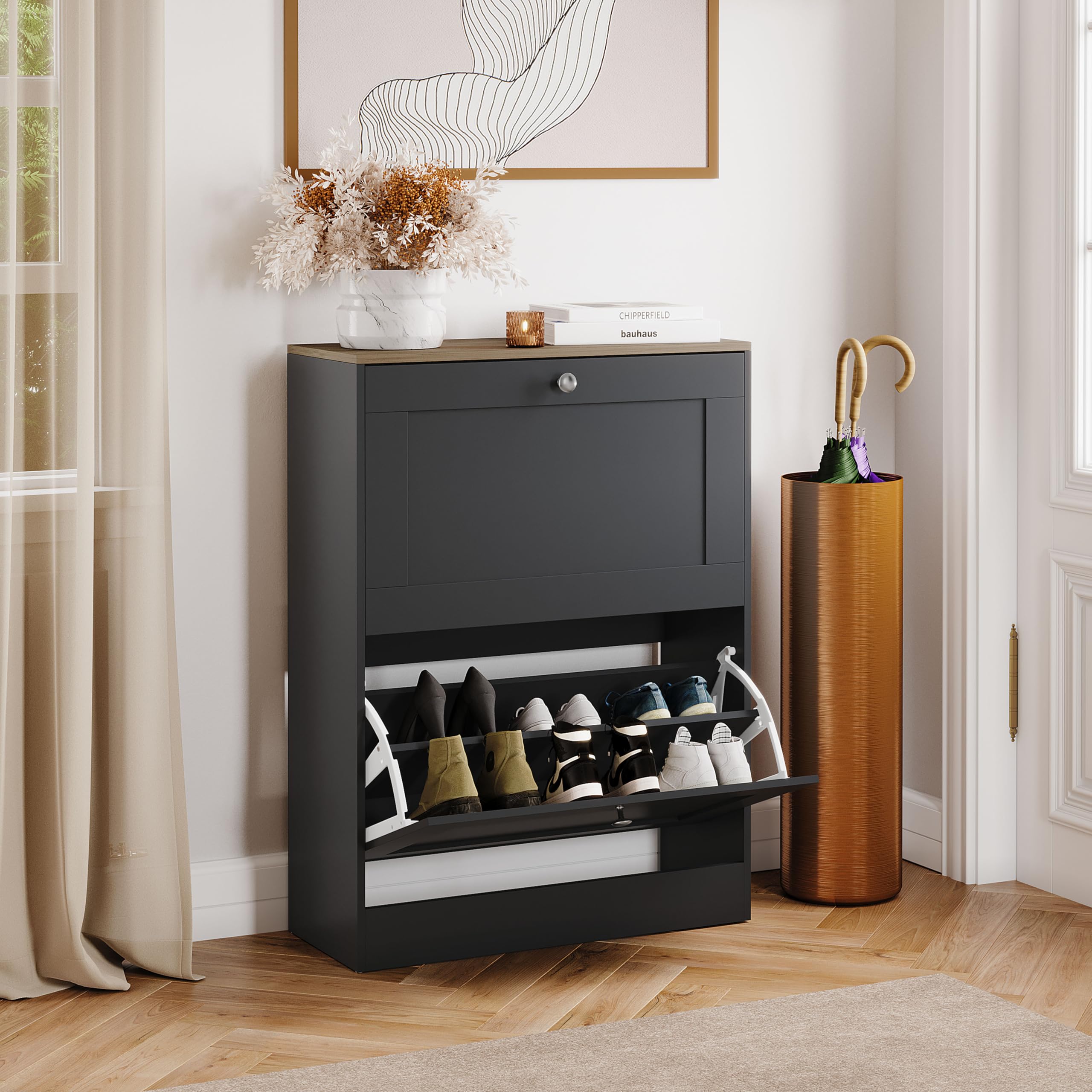 Vida Designs 2 Drawer Shoe Cabinet | Black & Oak | Space-Saving Storage for 10+ Pairs | 80H x 58W x 23.5D cm | Anti-Tip | Modern Hallway Unit
