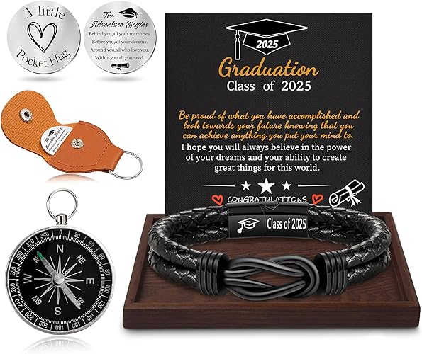 Graduation Gifts for Him, 2025 High School Graduation Gifts Class of 2025 Teen Gift Trendy Stuff Leather Bracelet for Men with Pocket Hug Token Compass College Middle 5th 8th Grade Masters Degree Graduate Knot Jewelry for Son Grandson Boyfriend