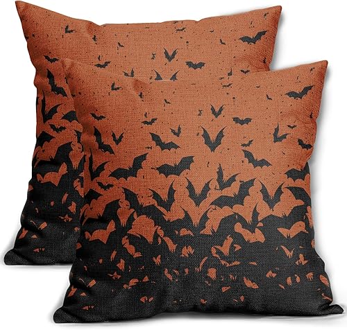 Juego de 2 fundas de almohada de murciélago de Halloween de 20 x 20 pulgadas, patrón de miedo naranja, decoración de Halloween, almohadas