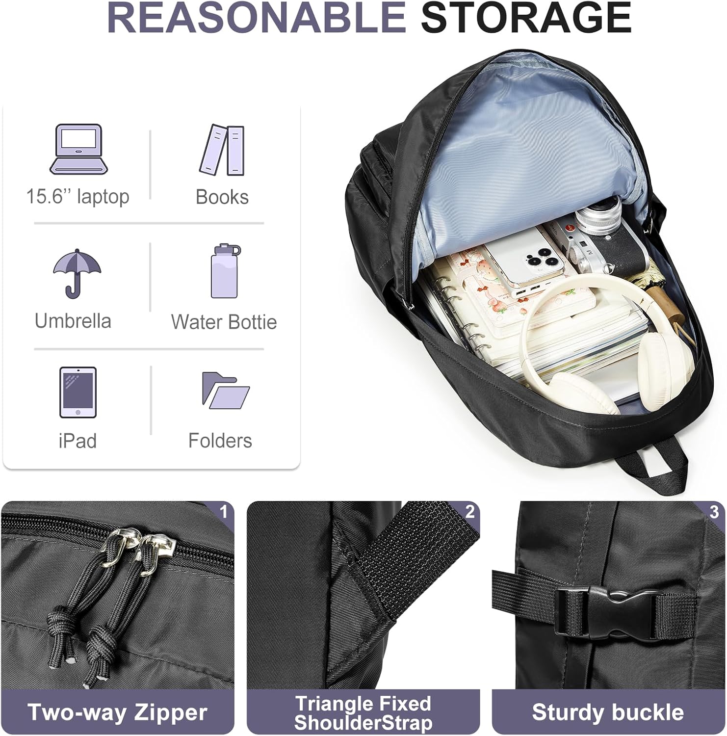 weradar Black School Backpack For Women Men,Aesthetic College Backpack With Lots of Pockets,Lightweight High School Bag For Teens Girls Boys,Cute Bookbag - Image 3