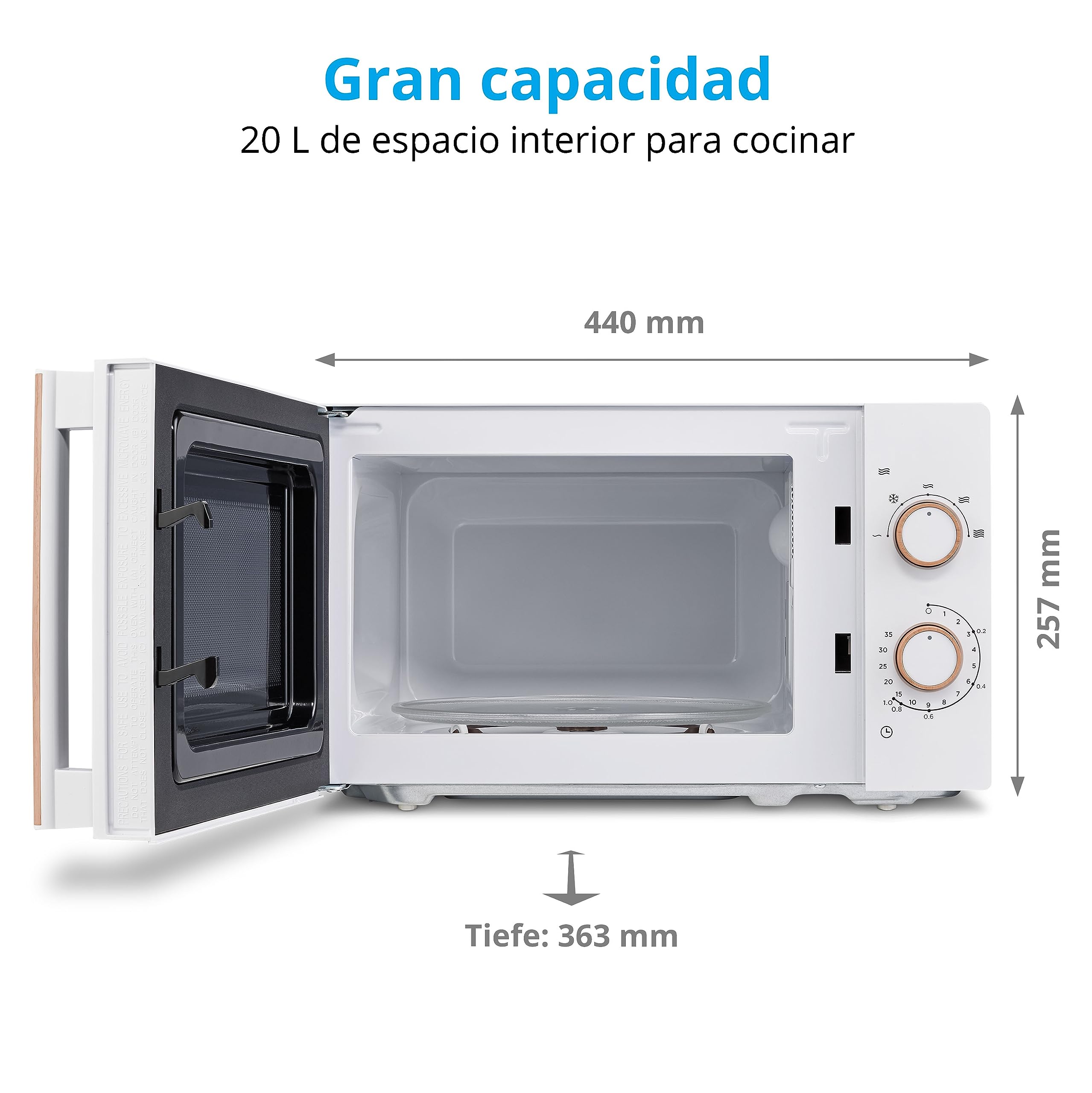 MEDION Microondas (20 L, 700 W, 5 niveles de potencia, modo descongelación, temporizador, aspecto de madera, puerta con espejo, MD10596) blanco