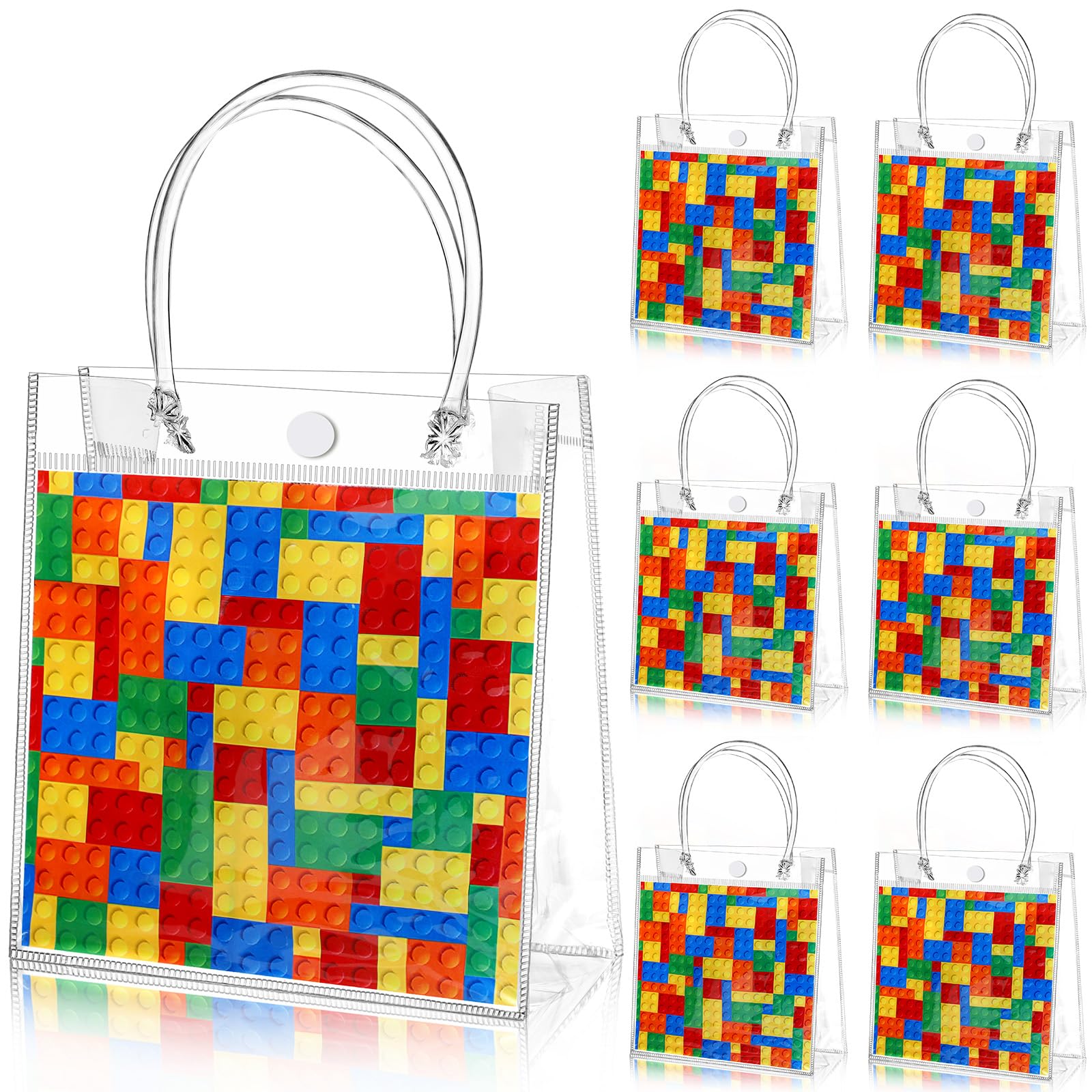 Teenyyou 24 Pcs Building Blocks Party Favors Bags Color Bricks PVC Clear Goodie Candy Treat Tote Gift Bags with Handles Building Blocks Theme Birthday Baby Shower Party Supplies