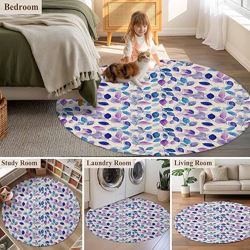 Miniatura 5 de Round Rugs 4 Feet, Blue Purple Leaves Non-Slip Area Rugs for Living Room Bedroom Entryway, Botanical Abstract Color Retro Plants Washable Carpet