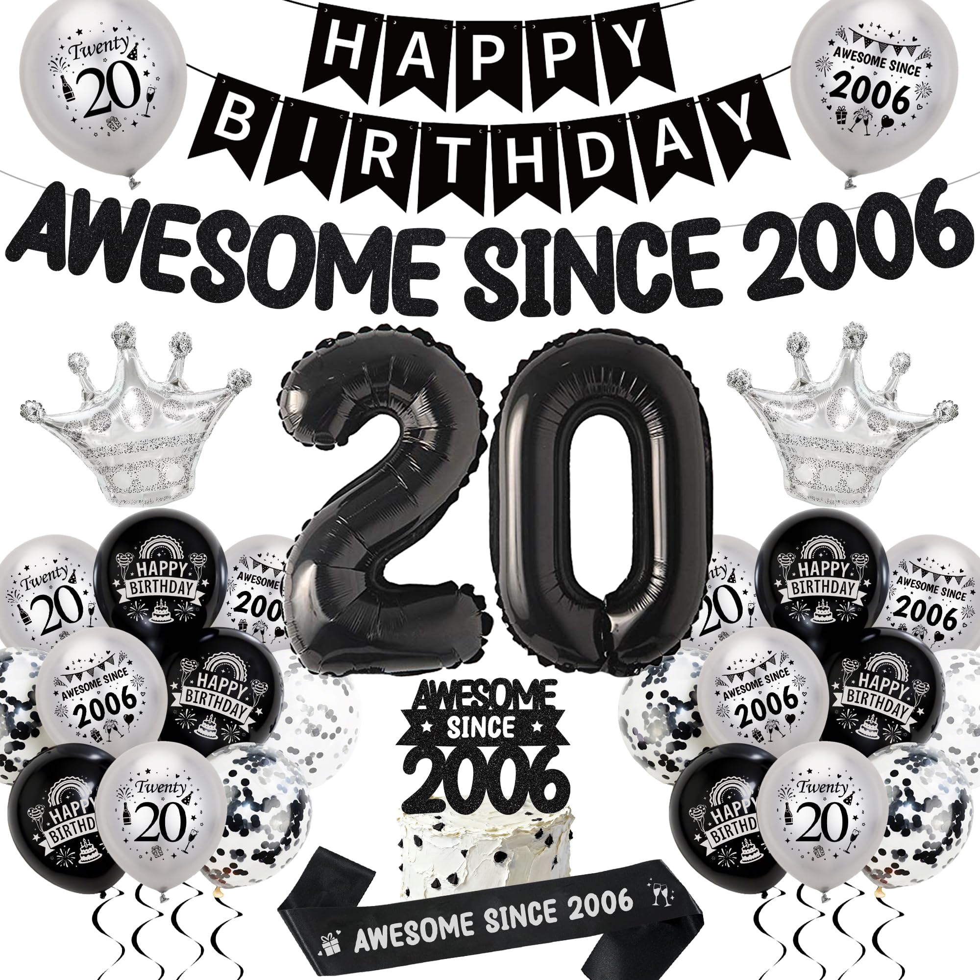 20th Birthday Balloons Decorations for Men Women, Awesome Since 2006