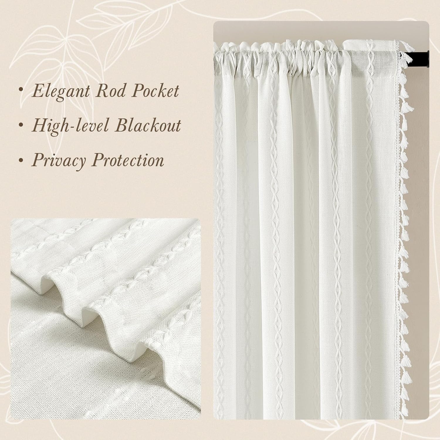 MitoVilla Ivory Boho Linen Bedroom Curtains 84 Inch Length 2 Panels Set, Farmhouse Cotton Curtains for Living Room, Bohemian French Country Window Curtain Tassel Draperies, 52’’W x 84’’L