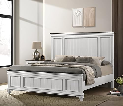 Roundhill Furniture Clelane Shiplap - Cama con panel de madera tamaño King estándar de Estados Unidos color blanco desgastado y nogal