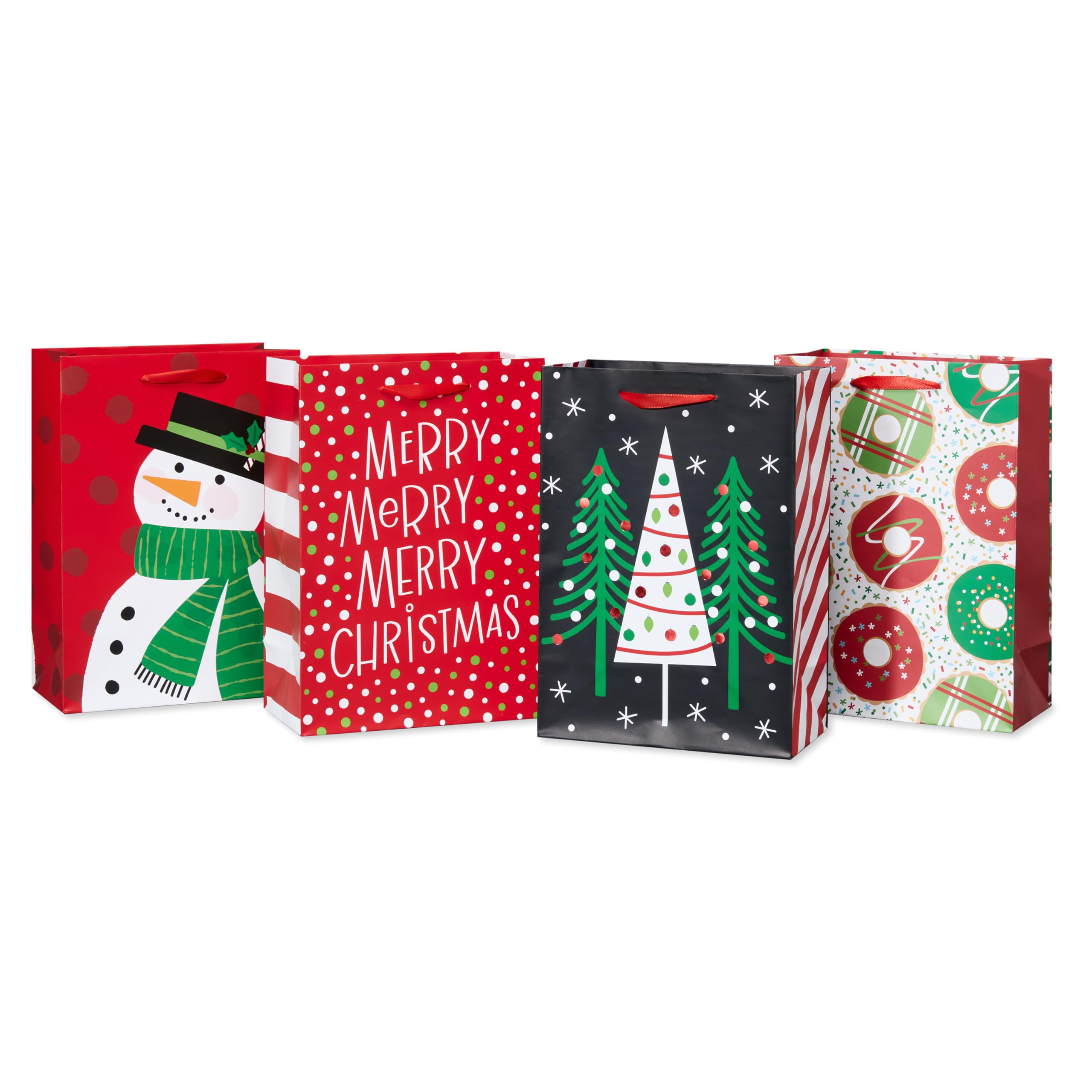 American Greetings 10" Medium Christmas Gift Bags, Red, White, Green and Black Winter Designs (4 Bags)