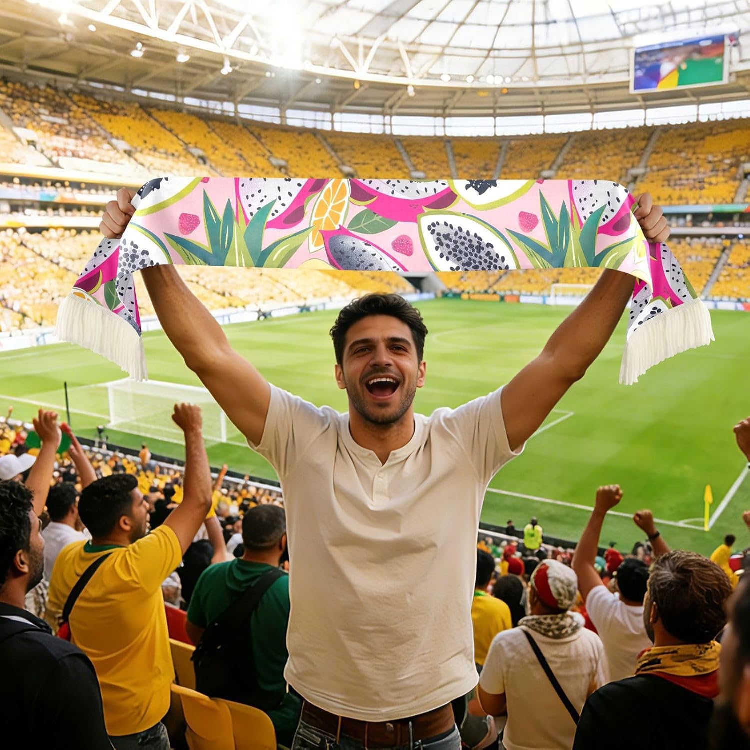 CHIFIGNO Tropical Fruits Pink Sports Fan Scarf Towel, Soft Quick Dry Polyester Rally Towel for Soccer Fans, Cheering Sweat Wipe Scarf