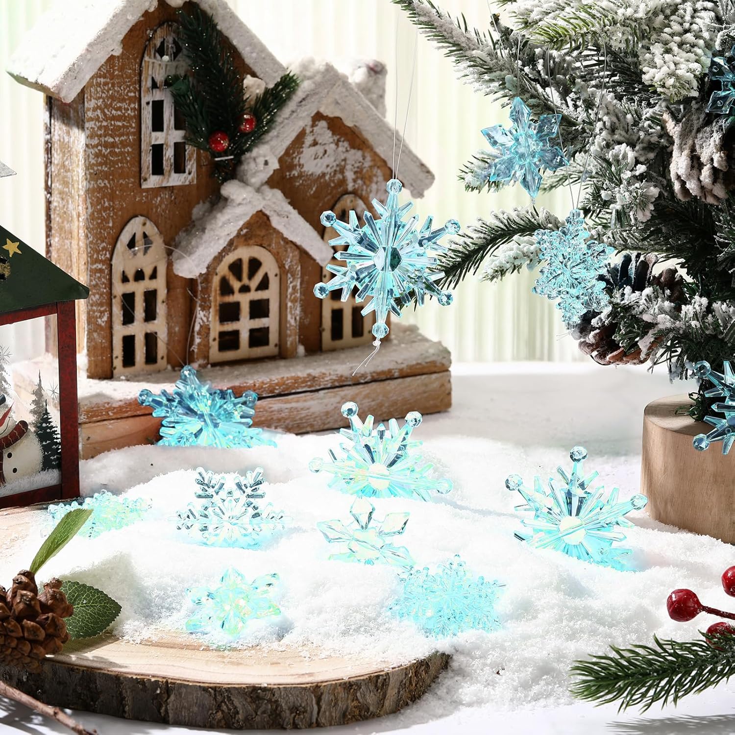 Condition photo showing New/Like New for 48 pcs christmas acrylic snowflakes ornaments christmas tree ornaments clear hanging xmas crystal snowflakes retro with silver thread for christmas winter diy decoration (light blue)
