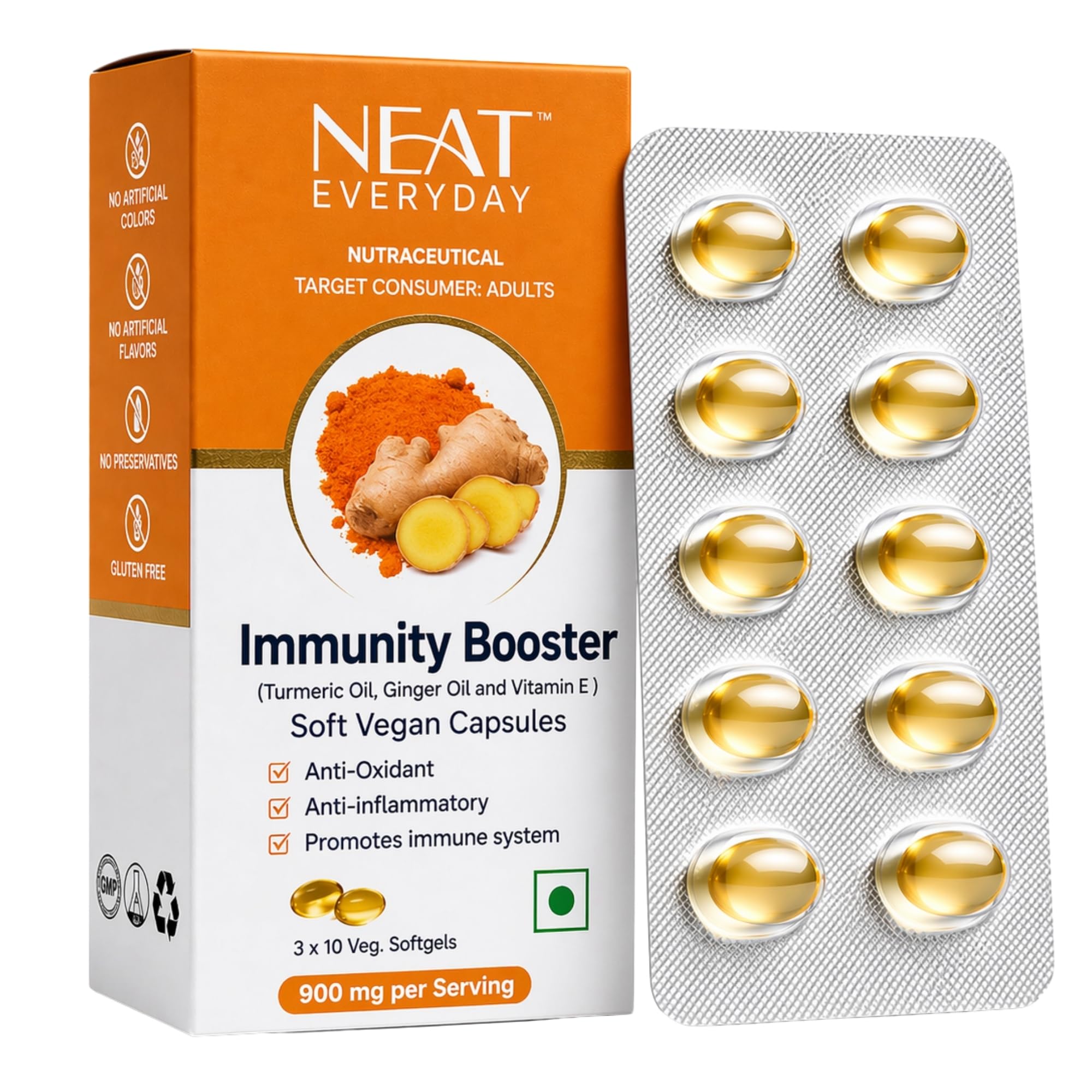 NEAT EVERYDAY Immunity Booster Capsules Blister | Vegetarian Softgels, Cold Pressed with Turmeric Oil & Ginger Oil | 30 Vegan Supplement for Daily Immune Support-image-7
