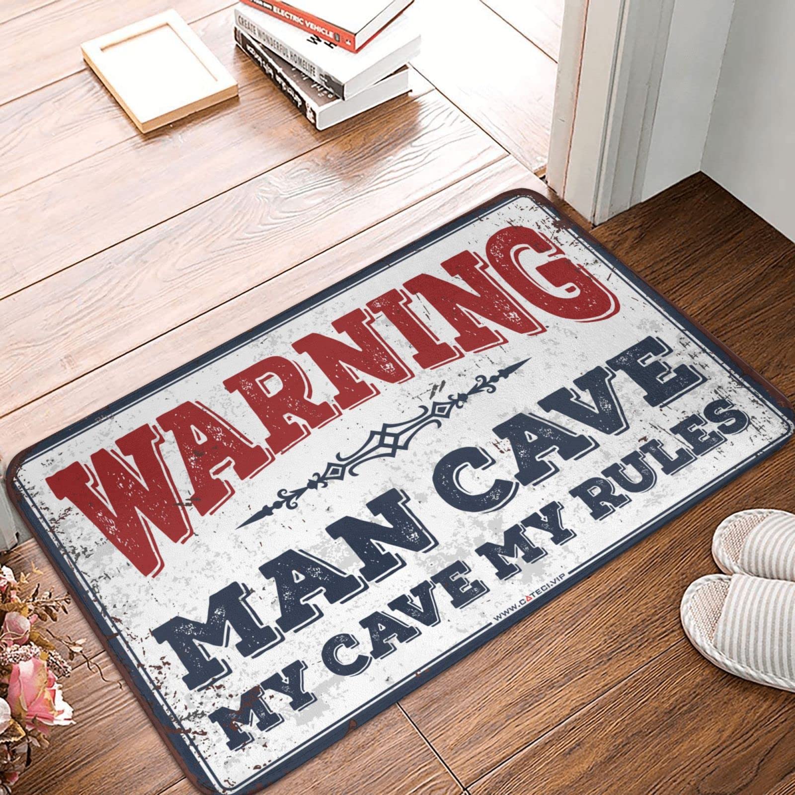 Tapis de sol en caoutchouc porte arrière Warning Man Cave My Cave My Rules 65x90 cm