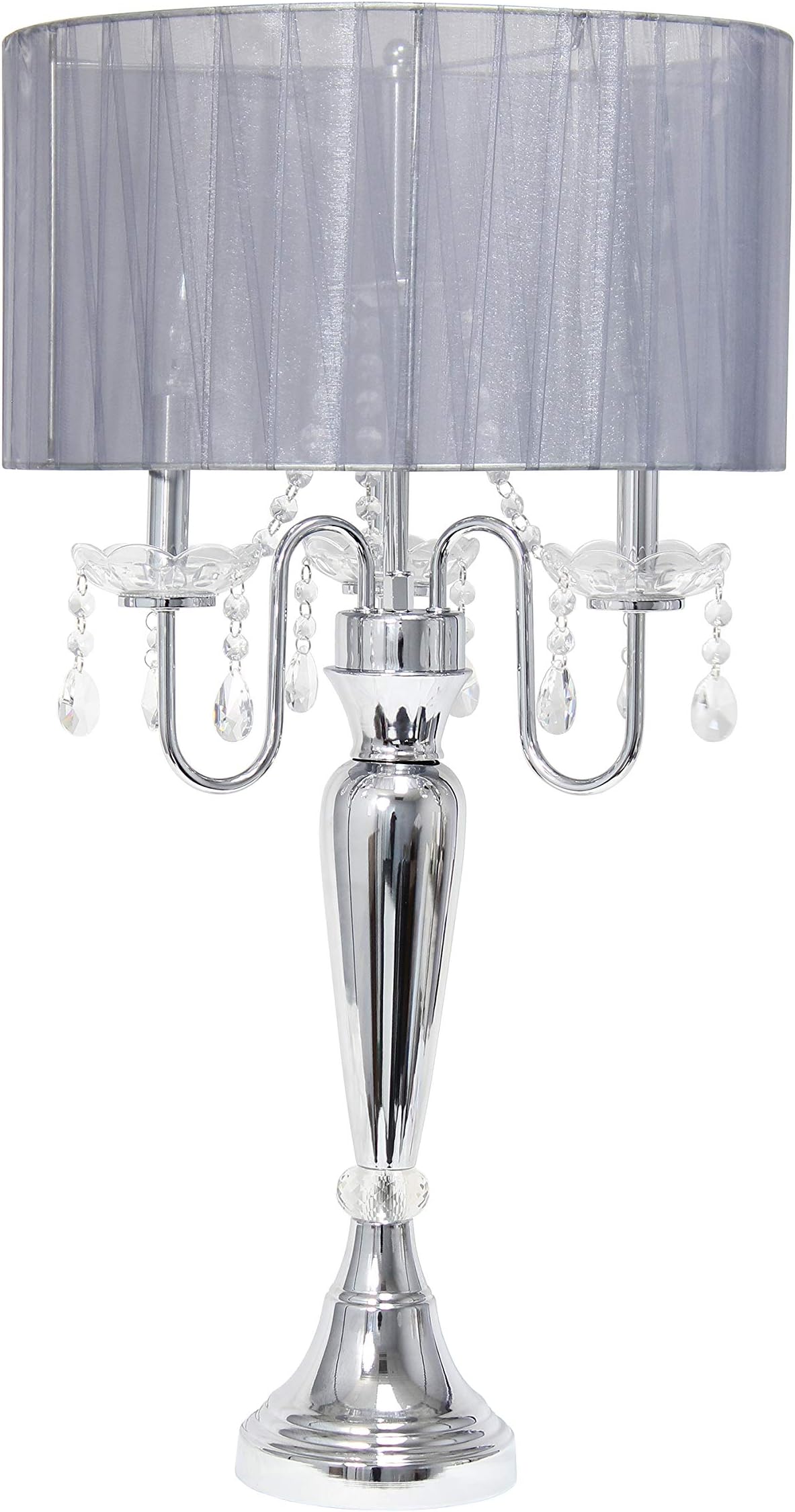 Elegant Designs LT1034-GRY Romantic Sheer Shade Hanging Crystals Table Lamp, Gray