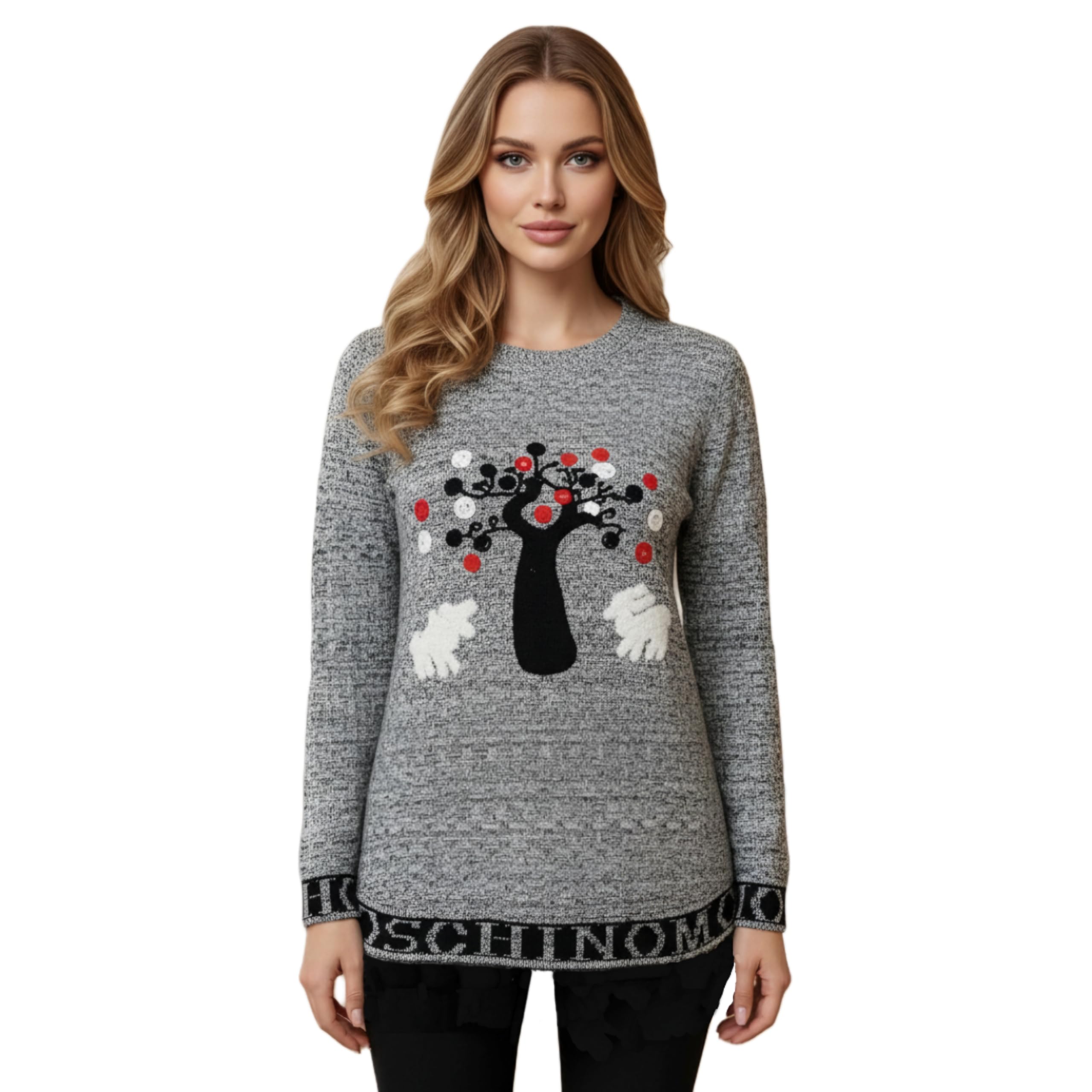 KD Fashion Collection Women's Grey Melange Longline Knit Tunic Sweater (Size XL) | Tree Graphic Print & Branded Hem Detail | Round Neck Full Sleeve Winter Wear Pullover-image-10