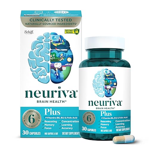 NEURIVA Plus Brain Supplement for Memory and Focus Clinically Tested Nootropics for Concentration for Mental Clarity, Cognitive Enhancement Vitamins B6, B12, Phosphatidylserine 30 Capsules - Supplement
