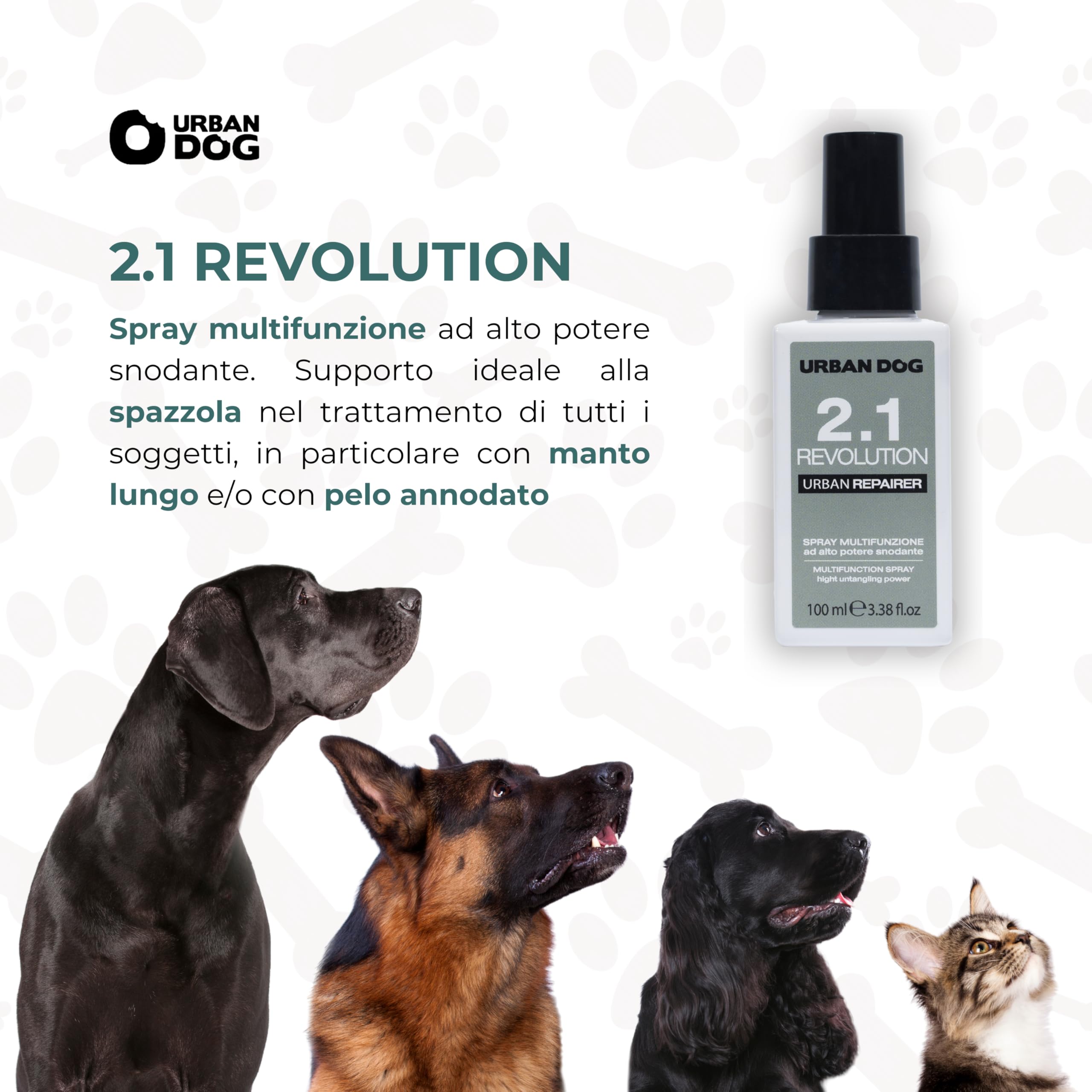 URBAN DOG Spray Sciogli Nodi per Cani Revolution 2.1 500 ml – Districante per Pelo Annodato e Infeltrito, Condizionante Nutriente, Facilita la Spazzolatura, Manto Morbido e Lucente