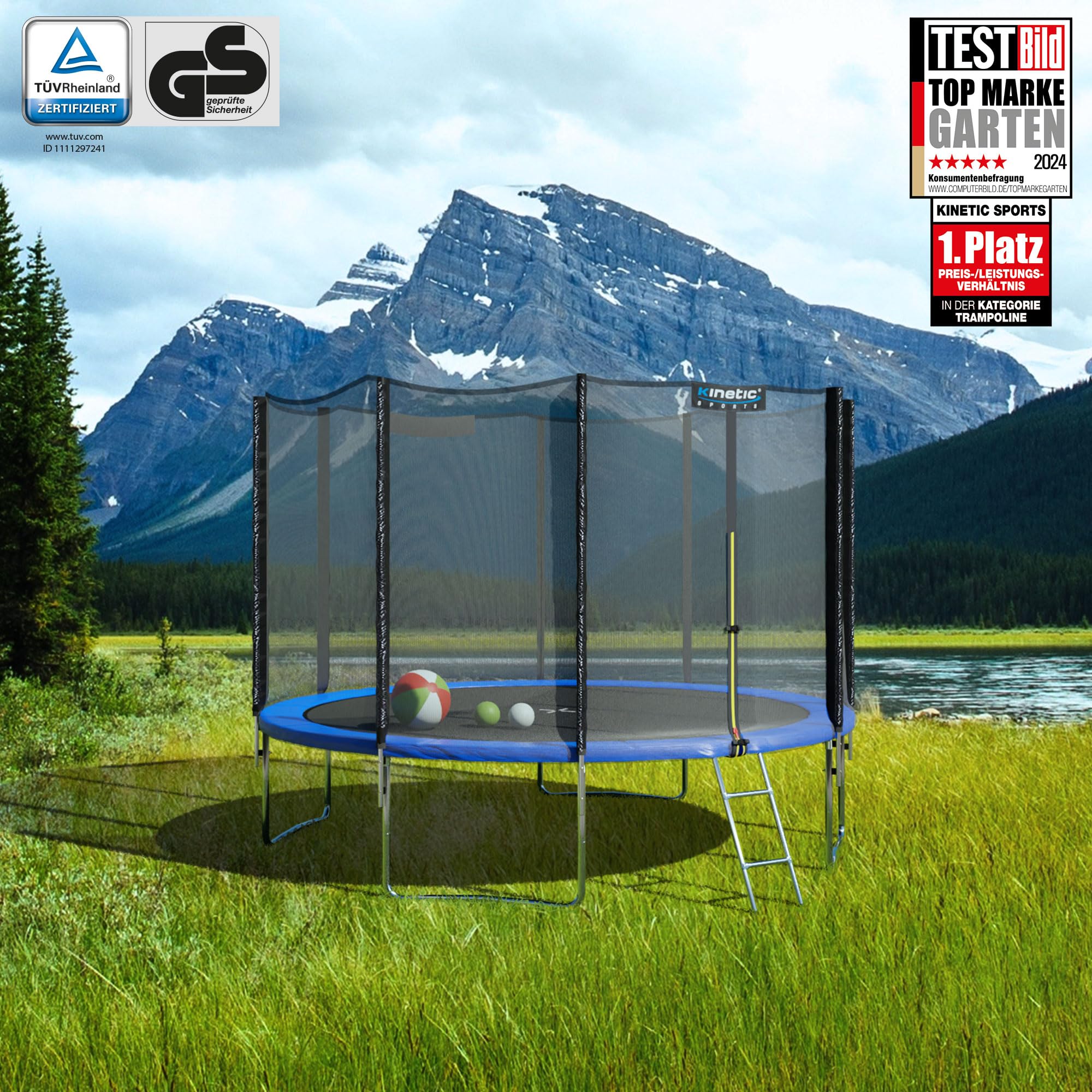 KINETIC SPORTS Trampolin Outdoor 'Salto Plus' Ø 183/244/305/366/400/430/490 cm - Komplett-Set für Kinder, USA Sprungtuch, Netz, Randpolster, Leiter