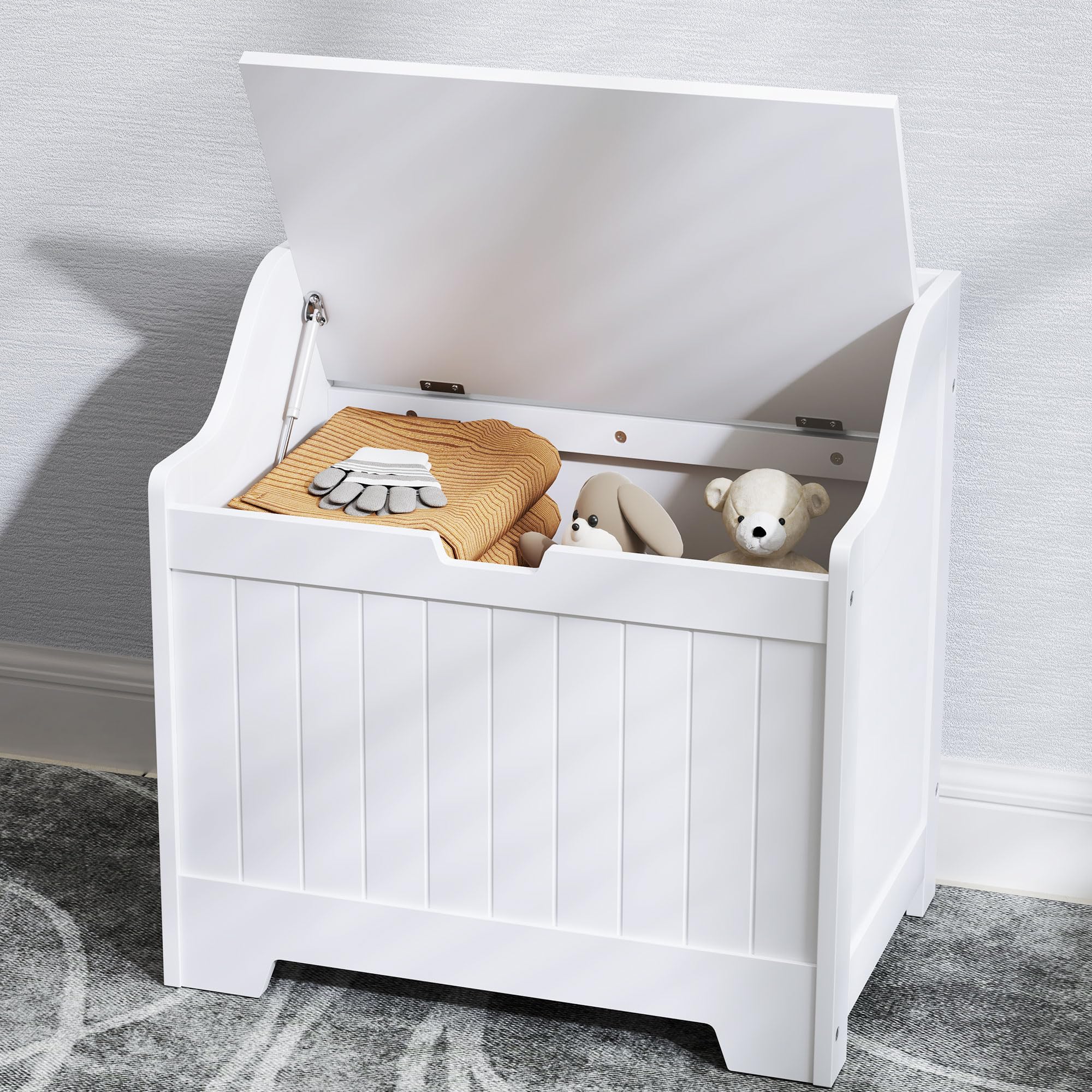 HOMCOM Arcón, Caja de almacenaje, Caja de almacenaje con bisagra de Seguridad, Recorte en Forma de U, Caja de Herramientas con Tapa, para salón, Dormitorio, Blanco, 60 x 38 x 56 cm