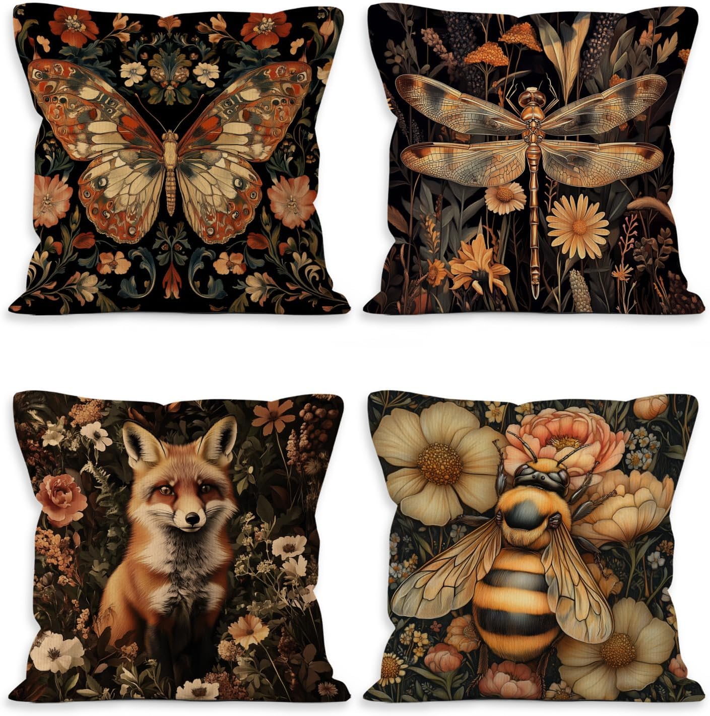 Vintage Butterfly Dragonfly Fox Bee Throw Pillow Covers 18x18 Set of 4, Dark Cottagecore Decorative Pillow Covers for Home Sofa Bedroom, Moody Wild Animal Insect Accent Pillows Cover Pillowcases