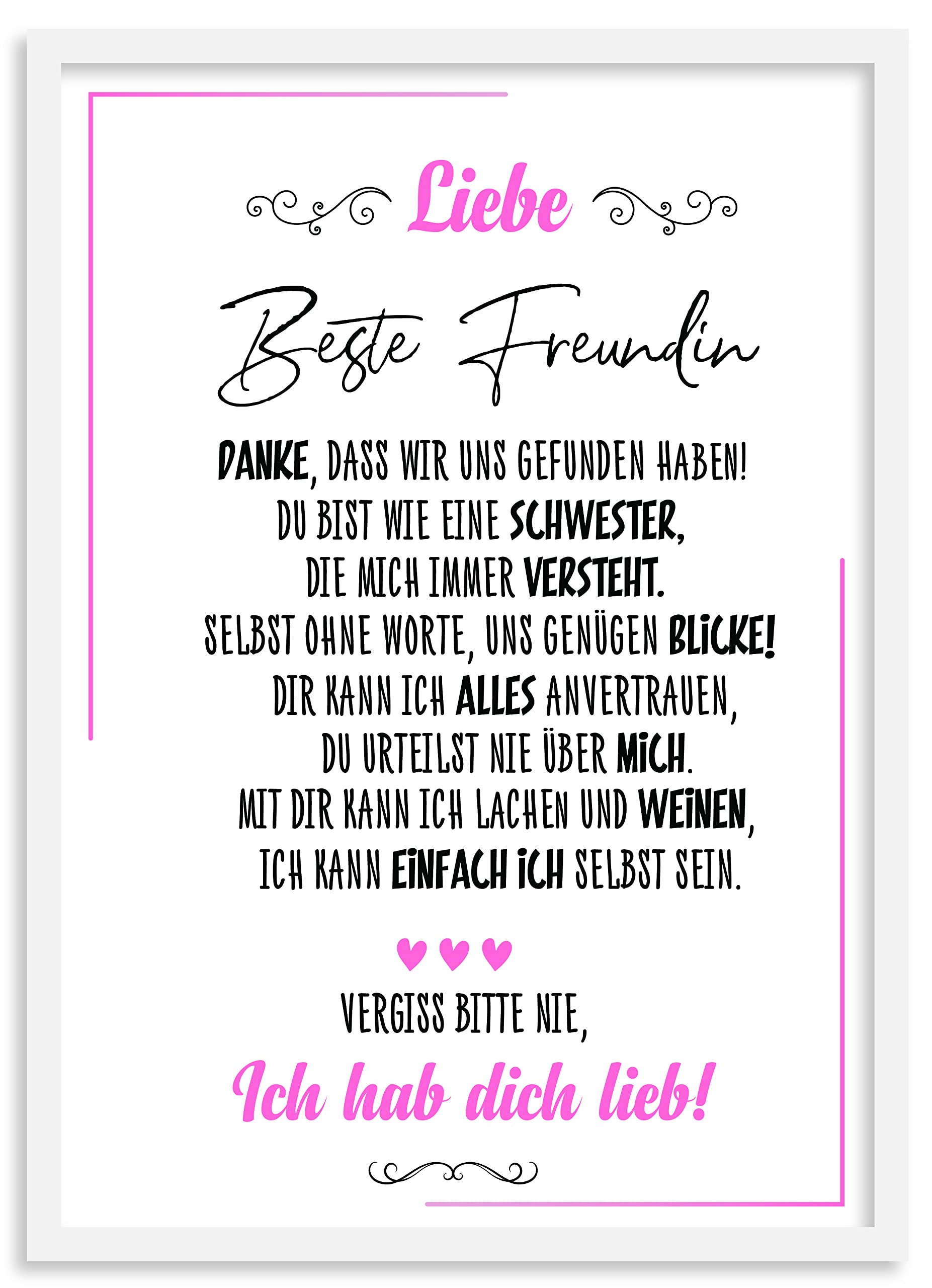 Urhome Poster 'Beste Freundin' Mit Rahmen – DIN A4 Wandbild Mit Spruch Für Wohnung, Geschenk Für Freundinnen