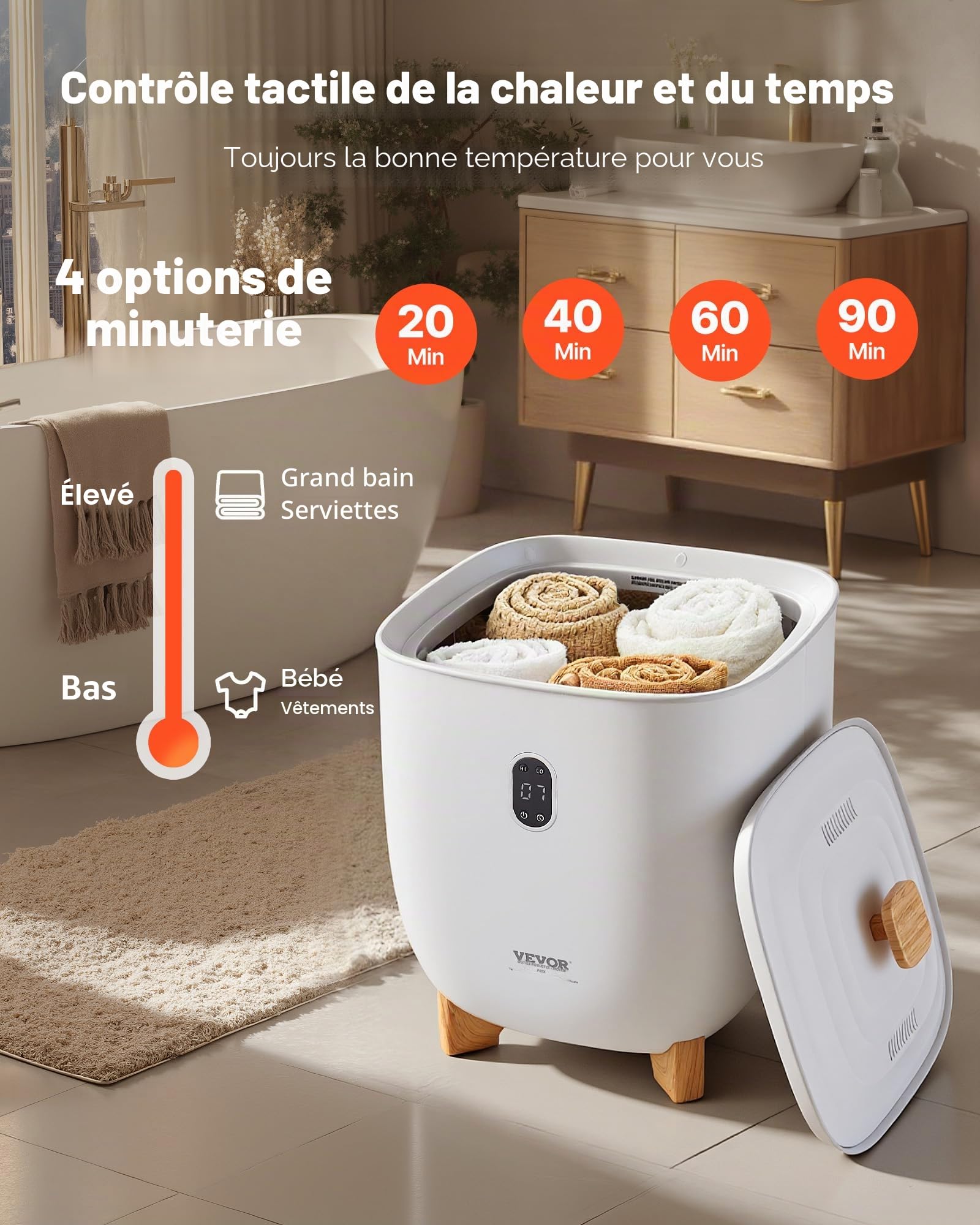 VEVOR Sèche Serviettes 25 L, Chauffe Serviettes avec Écran LED et Colonnes Chauffantes Inférieures, Seau Chauffe Serviettes Intelligent avec Minuterie Réglable Arrêt Auto, pour Couvertures Peignoirs