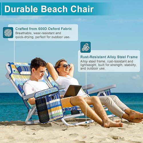 Miniatura 6 de Suteck Silla de playa, mochila ajustable de 5 posiciones, sillas de playa para adultos y niños, silla plana plegable con bolsa enfriadora,