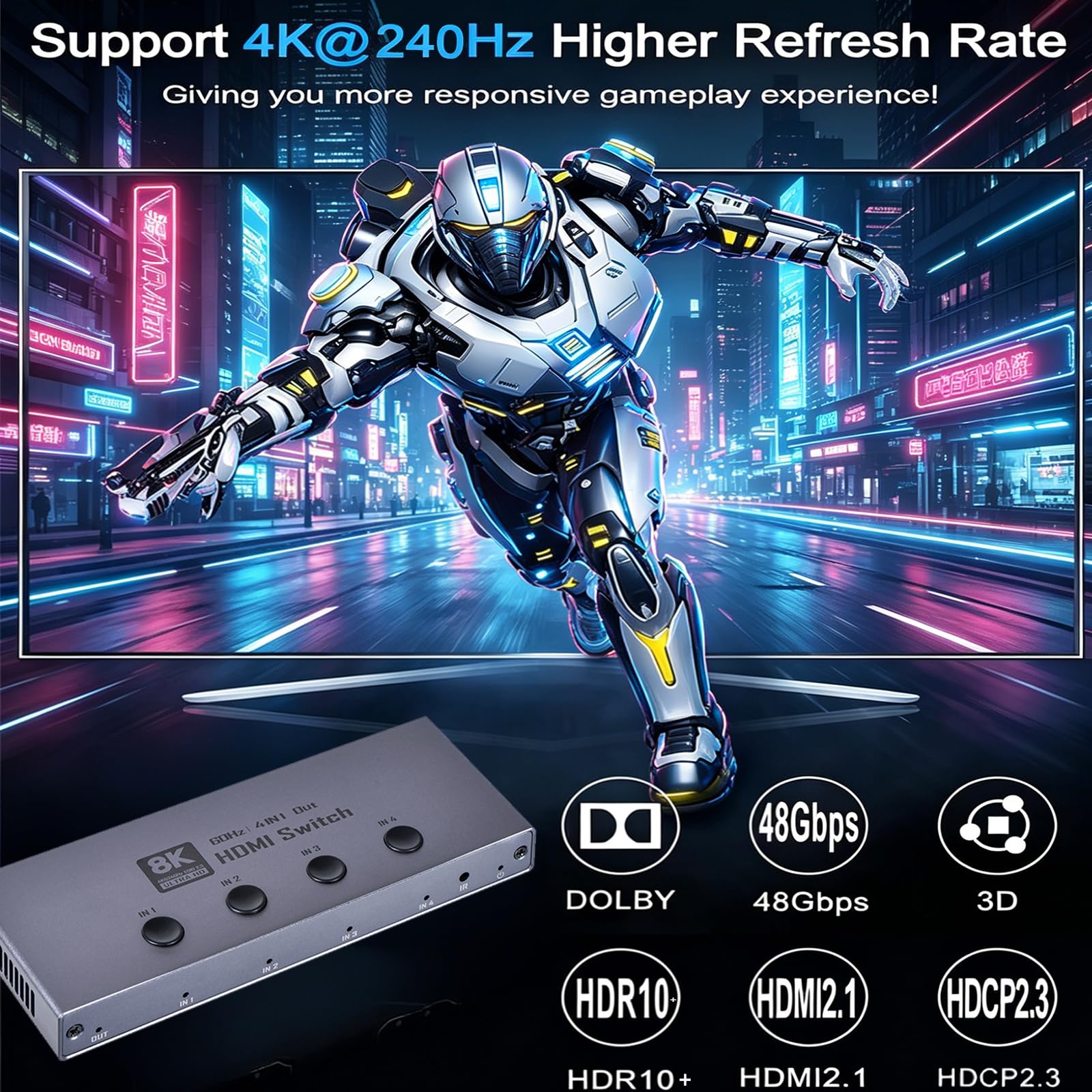 Switch HDMI 2.1 8K, commutatore HDMI 2.1, 4 in 1, supporta CEC 8K@60Hz, 4K a 240Hz, 1080P@4800Hz, HDCP 2.3 HDR 3D Dolby Atmos VRR Compatibile con PS5 Xbox Blu-Ray Player con telecomando IR
