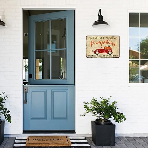 Miniatura 5 de Letrero de metal vintage con texto en inglés Farm Fresh Pumpkins Hayrides con texto en inglés Hayrides y manzanas de caramelo, letrero de metal