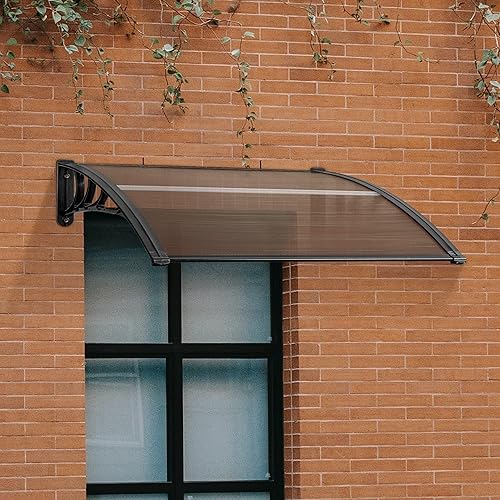 Miniatura 4 de MCombo 39.8" x 37.8" Toldo de ventana de policarbonato para exterior, lámina hueca para puerta de patio, 6055-4040 (Tablero marrón con soporte negro)