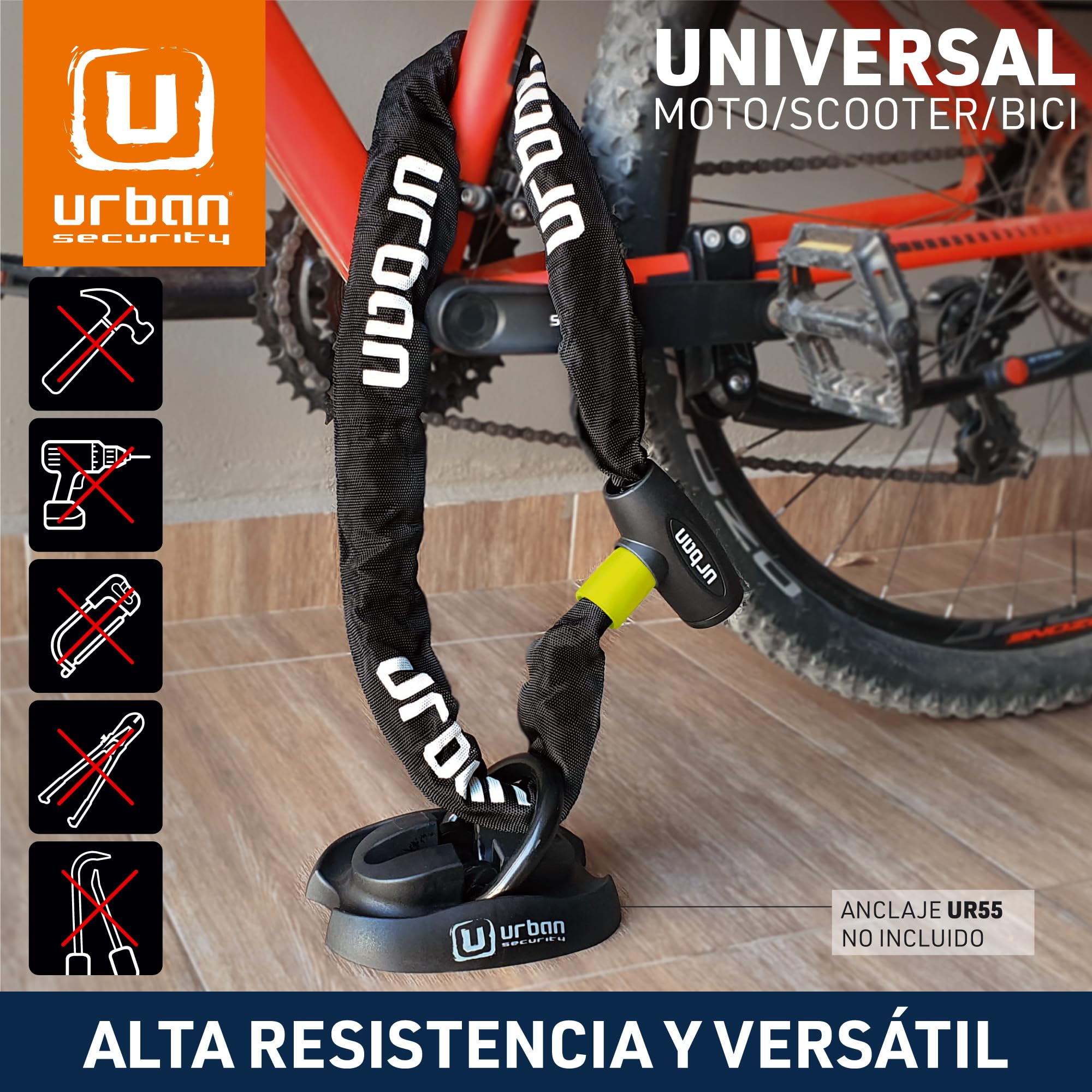 URBAN XK170 Candado Bicicleta Antirrobo, Cadena 170cm de ø8mm Acero Endurecido Cerradura Alta Seguridad, Más Longitud Más Opciones Fijación, Antirasguños, Antirobo Versátil para Bici, Moto o Scooter