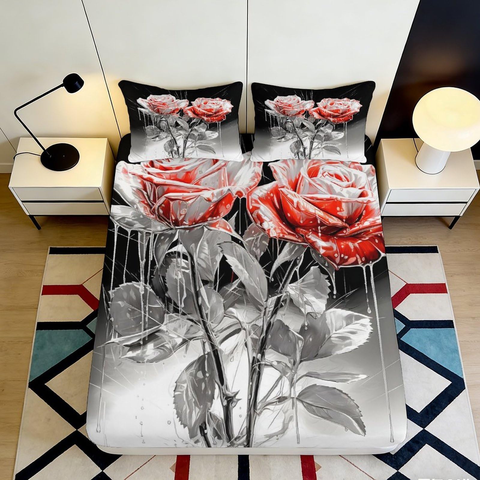 3D Printed Red Rose Fitted Sheet Microfiber Soft Breathable Dripping Flower Bed Cover for Bedroom Dormitory Guest Room Mattress Protection Decor 120x200x25cm