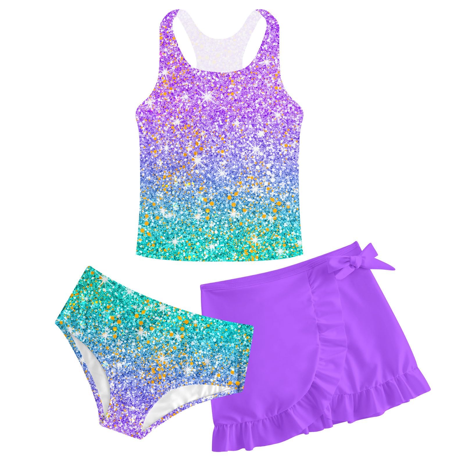 Girls Swimsuit 3 Piece Bathing Suit Quick Dry Tankini Set with Cover Up Beach Skirt Tankini Swimwear 5-16 Years