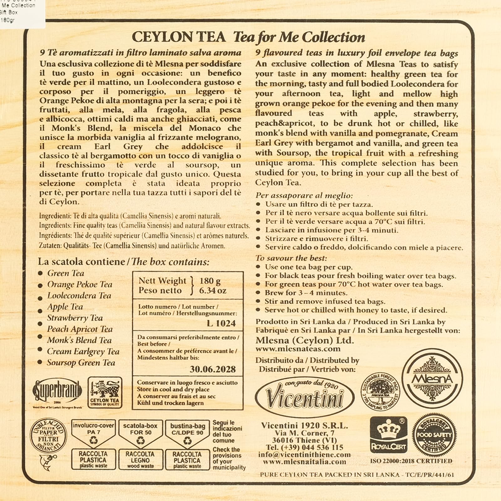 Mlesna Tea for Me Collection, Tè di Ceylon Assortiti, 90 Filtri in Bustine Singole, 9 Varietà, Scatola Regalo in Legno, Tè Puro con Aromi Naturali