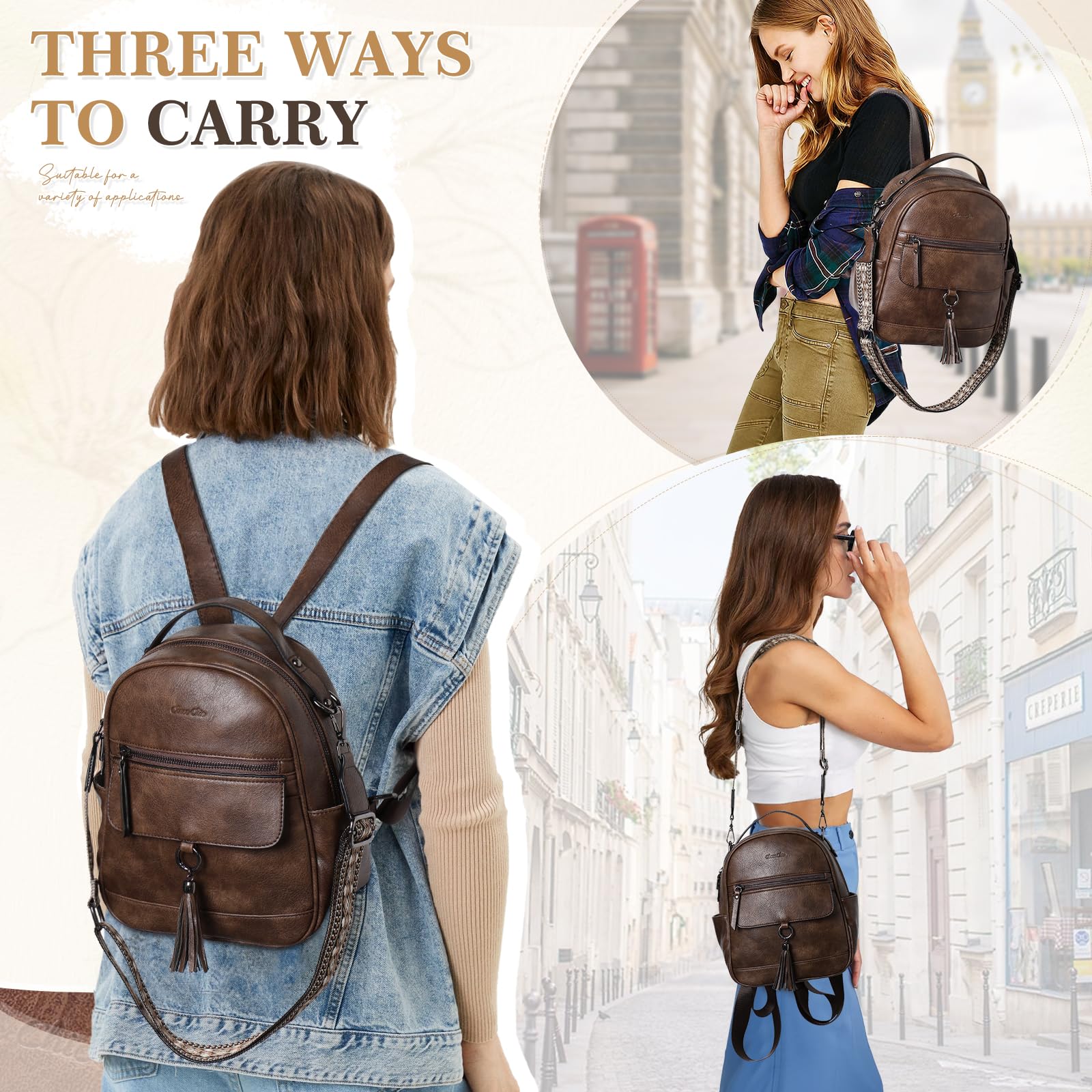 Chase Chic Petit Sac à dos Femme,Sacs à Main Portés Dos Femme en Cuir,Sacs à Dos Cartable avec Sangle de Guitare Amovible