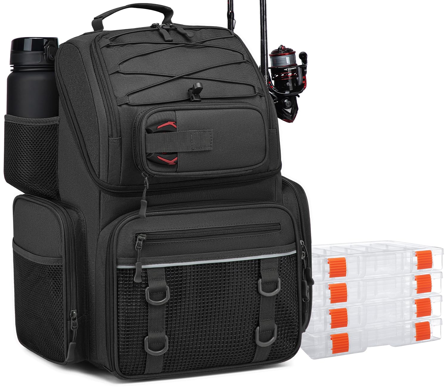 Zaino da Pesca con Scatole (Incluse), Lure Fishing Bag Borsa per Pesca da 50 l con Vano Frigo, Scatola Impermeabile, Grande Fishing Backpack per Campeggio e Avventure All'aria