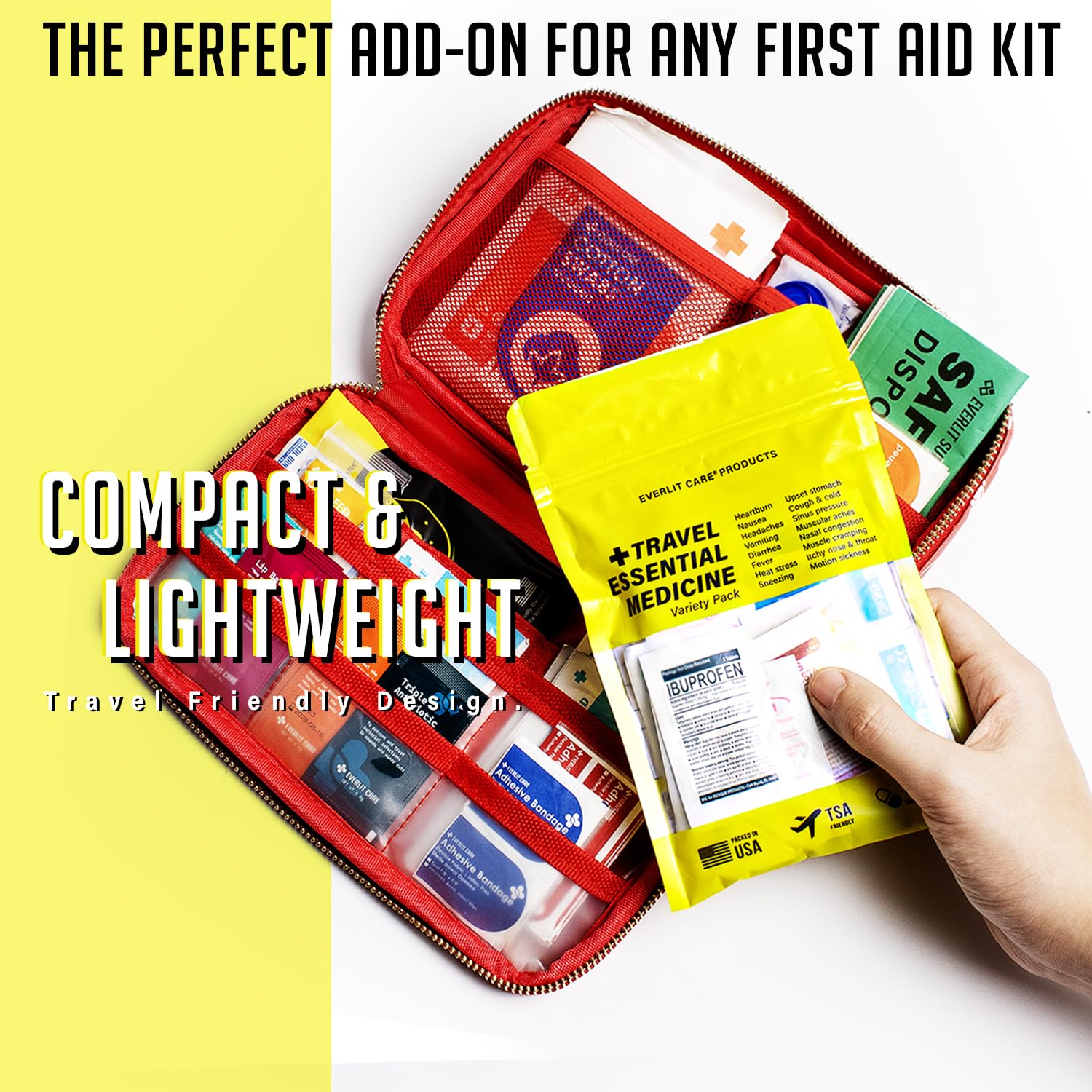 EVERLIT CARE Travel Essential Medicine First Aid Kit I Bonus Medical Supplies I TSA Compliant Mini Size Medkit for Traveling Camping Trips Individually Packed 64 Tablets (Refill Pack) — Amazon image 5