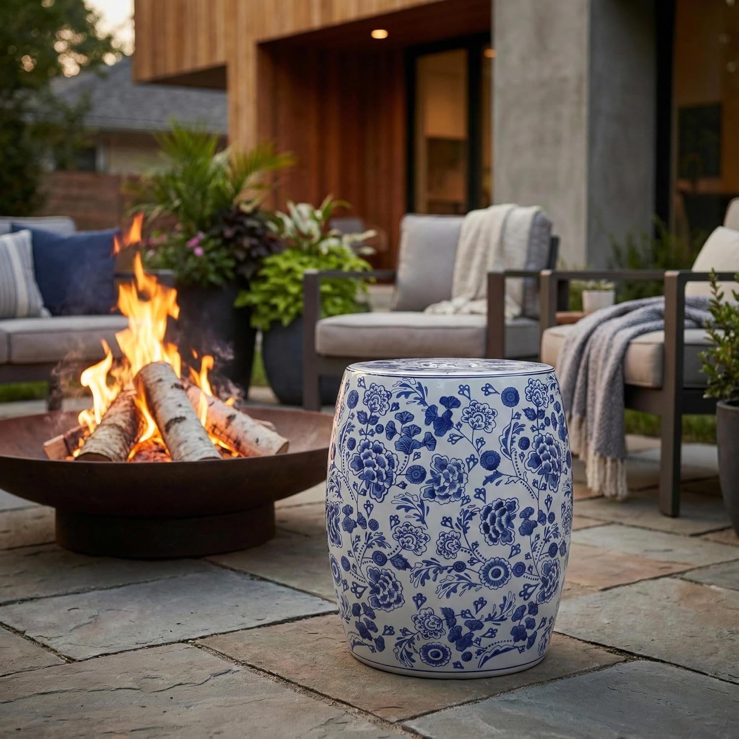 Decorative Chinoiserie Stool for Outdoor Side Table - Ceramic Hydrangea Floral Pattern for Indoor Garden and Patio Area - Home Decor Accent Stool for Plant Stand Display - 18", Blue & White