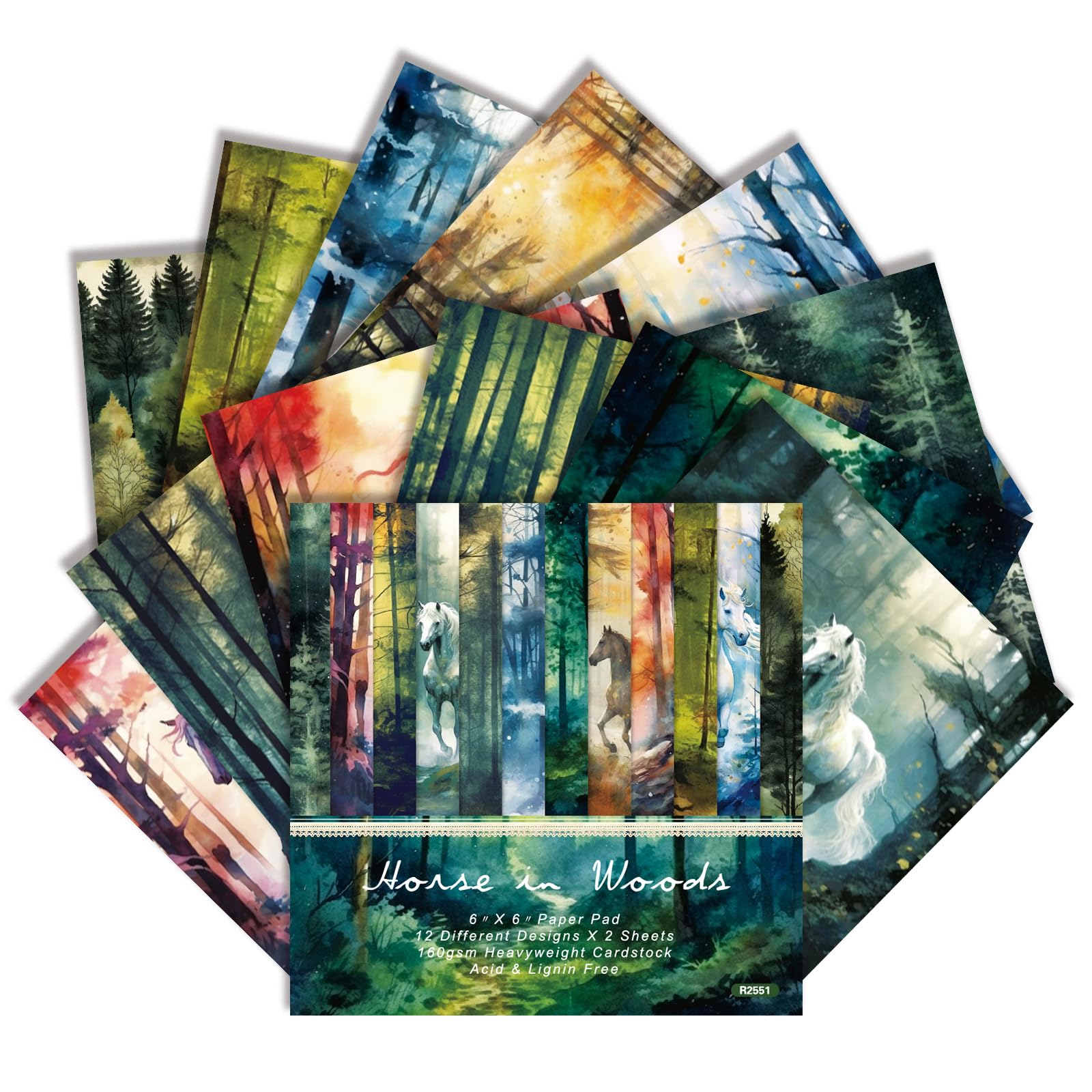 Watercolour Forest Scrapbook Paper Pad - 6×6 Inch 24 Sheets Green Woodland Patterned Craft Paper for Decoupage, Photo Albums, Card Making & Mixed Media Projects (Horse in Woods, 15×15cm)