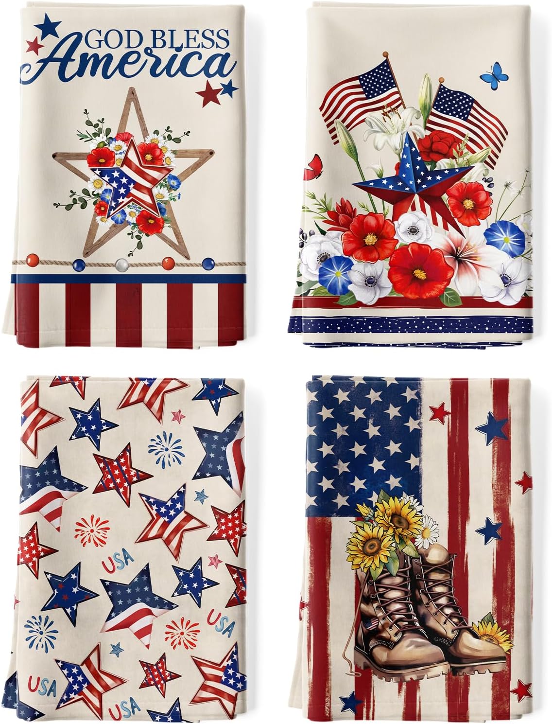 4th of July Patriotic Flower Tea Towels, Independence Day Cotton Kitchen Towel 18.9 × 27.5 inch, Quick Drying Dish Cloth for Party Anniversary Holiday Decoration Housewarming Gifts