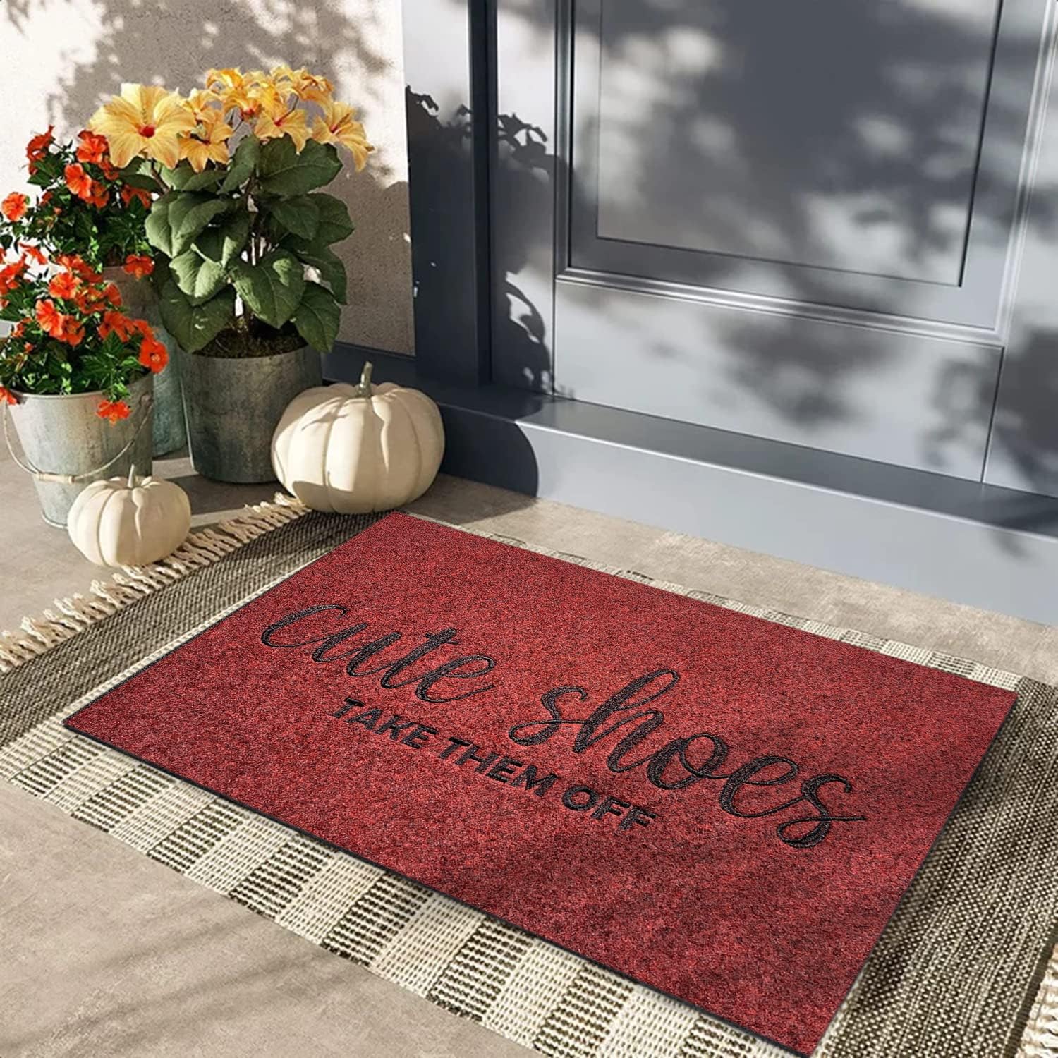 AOAOPQ Funny Doormat Cute Shoes Take Them Off Door Mats Welcome Outside Mats for Garden Entrance Hallway Shoe Scraper Rubber Backing Washable Doormat 24"x 36" Dark Red