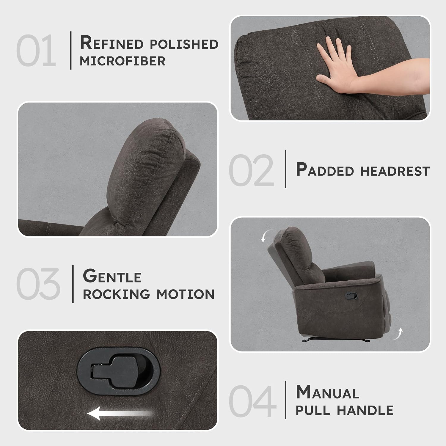 Lexicon Manual Rocker Recliner Chair, Polished Microfiber Manual Reclining Chair with Overstuffed Backrest, Comfy Nursery Recliner for Living Room/Office/Bedroom/Apartment, Easy Assembly, Chocolate