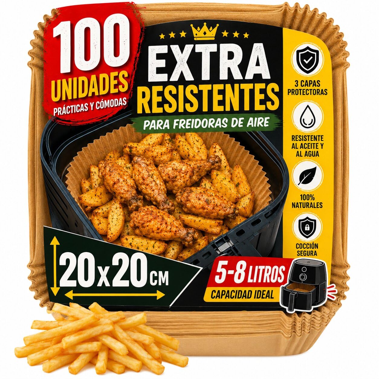 NAMAI - Papel Air Fryer Cuadrado 20x20 CM, 100 Unidades Desechables | Sin BPA, Antiadherente, Impermeable, Biodegradable, Ecológico