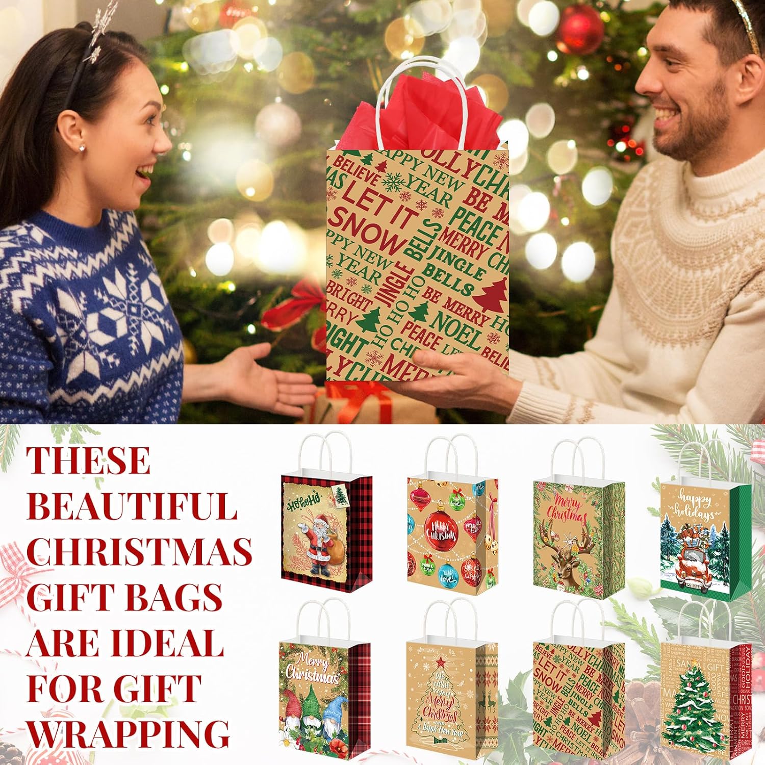 Cholemy 40 Pack Christmas Bags Bulk with 40 Tissue Paper Reusable Christmas Goody Sack Kraft Xams Gift Tote Bags with Handles(8.27 x 5.91 x 3.15 in)