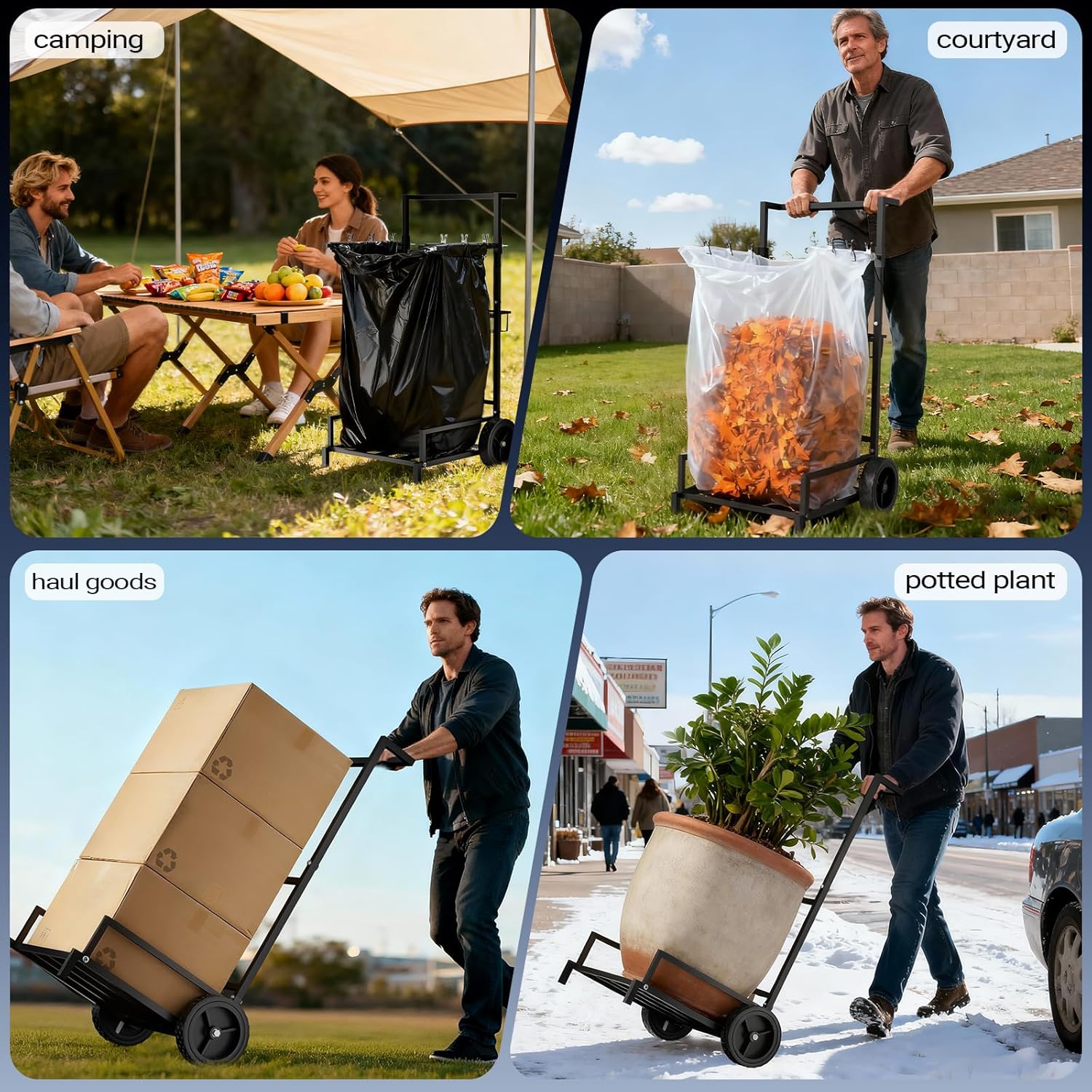 2-in-1 Leaf Bag Holder Cart & Hand Truck Dolly, Heavy Duty Garden Trash Bag Stand with 7" All-Terrain Wheels, 200lbs Capacity, Anti-Loss Clips & Utility Basket for Yard Work, Moving, Camping