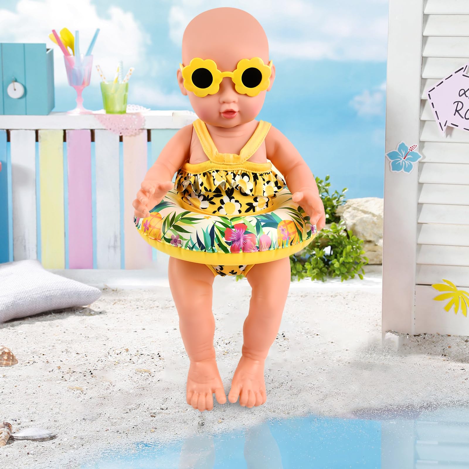 Traje de Baño para Muñecas, Ropa de Muñecas para New Born Baby Doll, Ropa para Muñecas Bebé con Bañadores Muñecas, Gafas de Sol, Anillo de Natación, Ropa de Muñeca para Muñecas de 35–45 cm