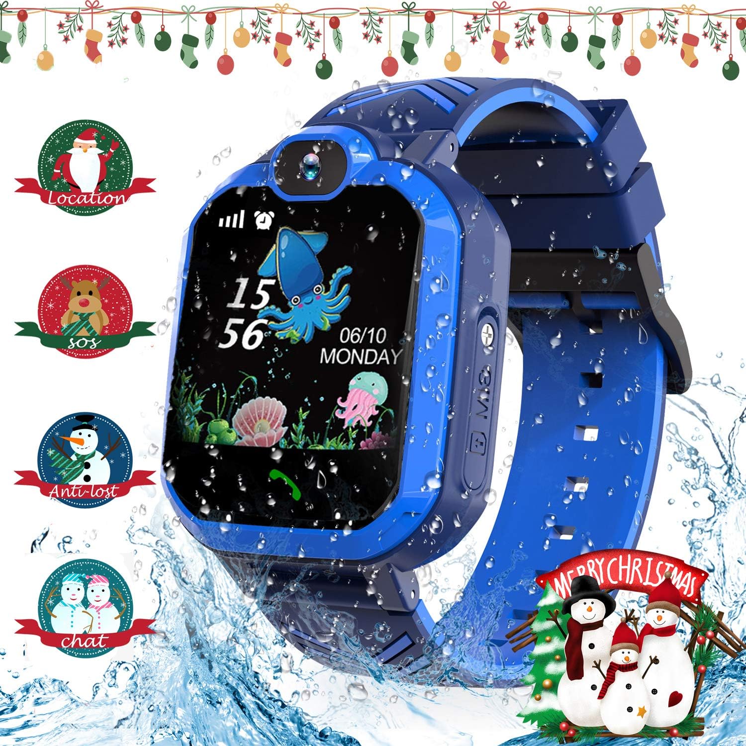 Kids Smart Watch, Jaybest IP67 Waterproof LBS Tracker Wristwatch Anti-lost Two-way Calling Touch Screen Mobile Phone for Girls Boys Christmas Day Birthday Gifts, SOS Sim Card, Camera, Games(Dark-blue)