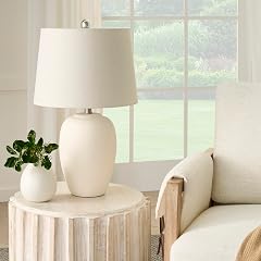 Nourison Home 23 Natural White Ceramic Jar Table Lamp for Bedroom Living Room Dining Office with Off-White Shade