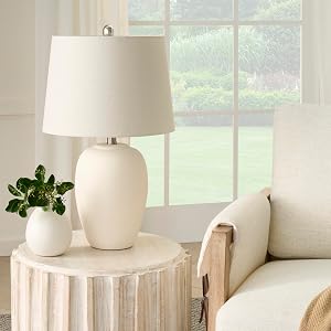 Nourison Home 23 Natural White Ceramic Jar Table Lamp for Bedroom Living Room Dining Office with Off-White Shade
