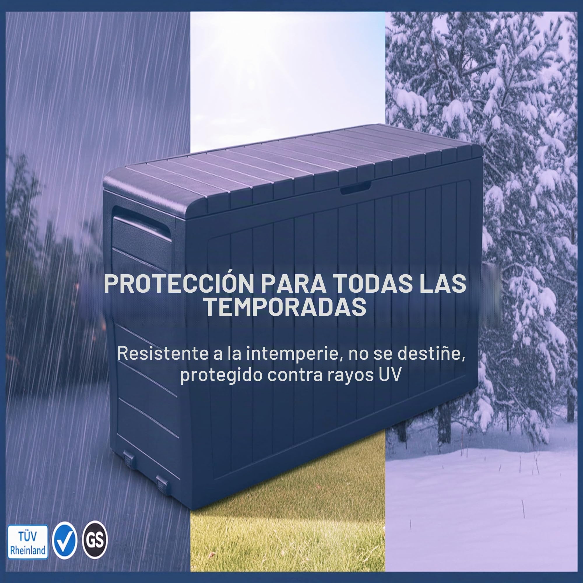 Deuba Baúl de Almacenaje Exterior 270L con Ruedas Impermeable Antracita | 117x45x57cm, Polipropileno, Resistente UV, Efecto Madera, 3 Asas, Cerradura, Garaje, Jardín, Patio, Terraza, Balcón, Interior
