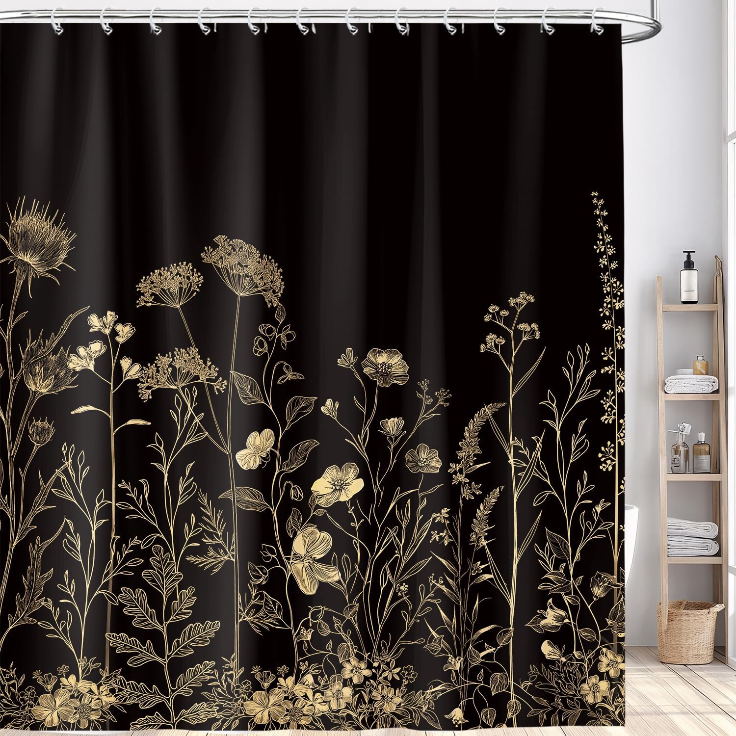 Black and Gold Boho Floral Shower Curtain, Vintage Goth Dark Flower Botanical Wildflower Aesthetic Arts Black Plant Farmhouse Shower Curtain for Bathroom with 12PCS Hooks 72X84IN Black Tan